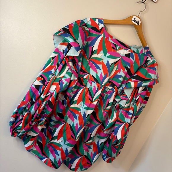 Emily McCarthy Colorful Ruffled Shoulders Bib Collar Flowy Blouse women’s L - Picture 5 of 13